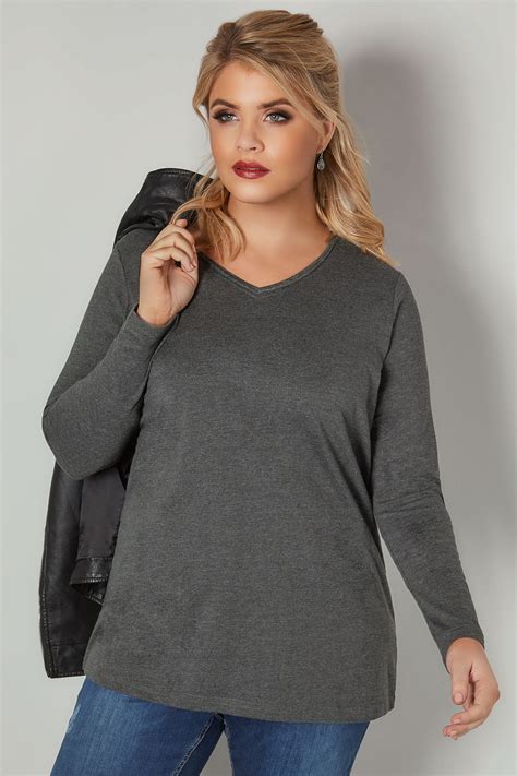 Dark Grey Marl Long Sleeved V Neck Jersey Top Plus Size 16 To 36