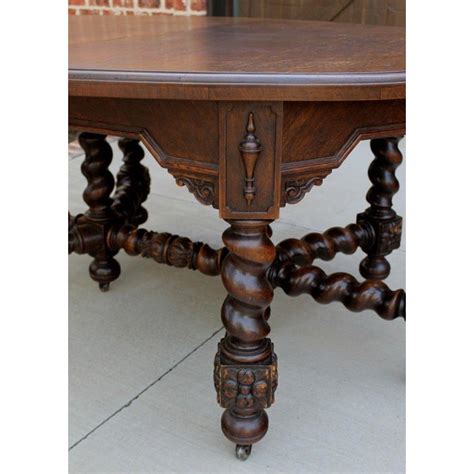 Antique English Oak Jacobean Style Oval Barley Twist Dining Table With