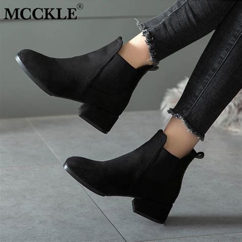 New Women Suede Ankle Boots Black Chelsea Boots Slip On Ladies Thick