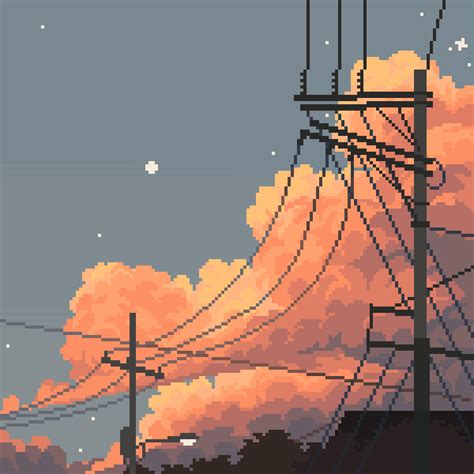 Oc Powerlines At Sunset Pixelart Pixel Art Landscape Pixel Art