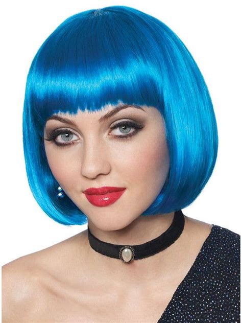 Womens Short Bright Blue Costume Wig Bob Cut Short Blue Party Wig