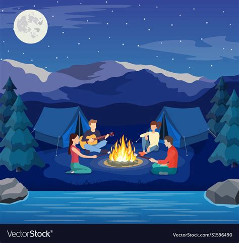 Group Young People Are Sitting Around Campfire Vector Image
