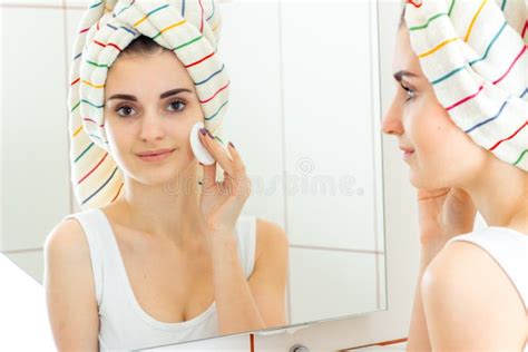 Cheerful Young Girl With Towel On Her Head Removes Make Up Stock Image Image Of Brunette