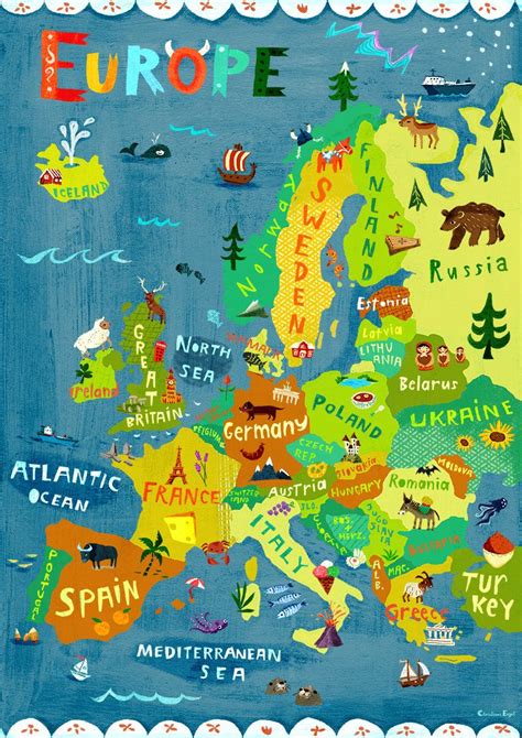 Europe Map Illustration Digital Print Poster Kids Room Wall Art