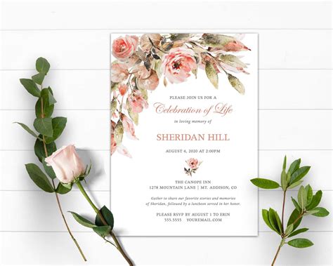 Floral Celebration Of Life Invitations Funeral Announcement Template