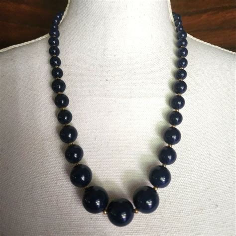 Vintage Jewelry 8s Graduated Navy Bead Necklace Gold Tone Spacers