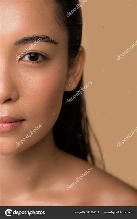 Cropped View Beautiful Naked Asian Girl Looking Camera Isolated Beige Stock Photo By
