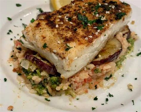 Seared Chilean Sea Bass With Shallot Tomato Broccoli Risotto Recipe