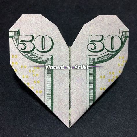 Money Origami Heart Made With 50 Bill Dollar Bill Origami Money