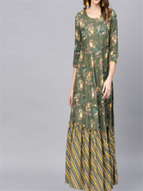 Buy Aks Women Green And Yellow Floral Printed Maxi Dress Dresses For