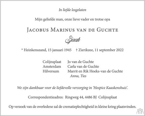 Jacobus Marinus Van De Guchte Overlijdensbericht En
