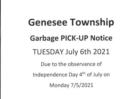 July 4th Garbage Change Welcome To Genesee Township