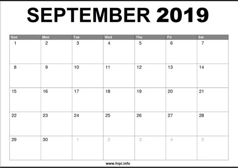 September 2019 Calendar Printable Monthly Calendar Free Download