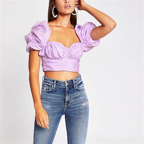 Light Purple Ruched Puff Sleeve Crop Top Crop Top Outfits Puff
