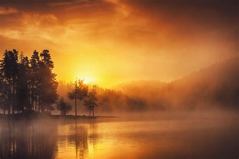 Morning Fog On The Lake Sunrise Shot Beautiful Natural Background Stock