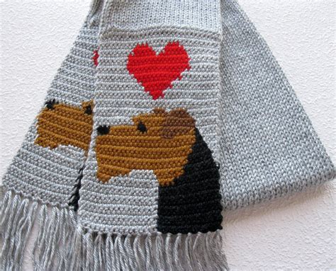 Airedale Terrier Scarf Gray Knit Scarf With Hearts And Lakeland Or