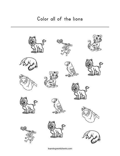 Color All Of The Lions Learning Worksheets Tropical Animals