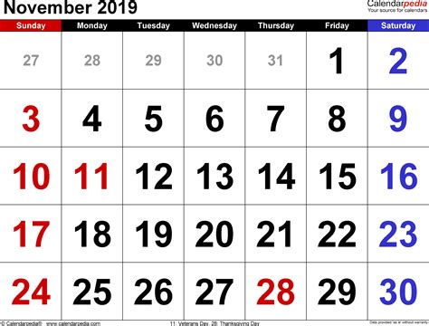 November 2019 Calendar Templates For Word Excel And Pdf