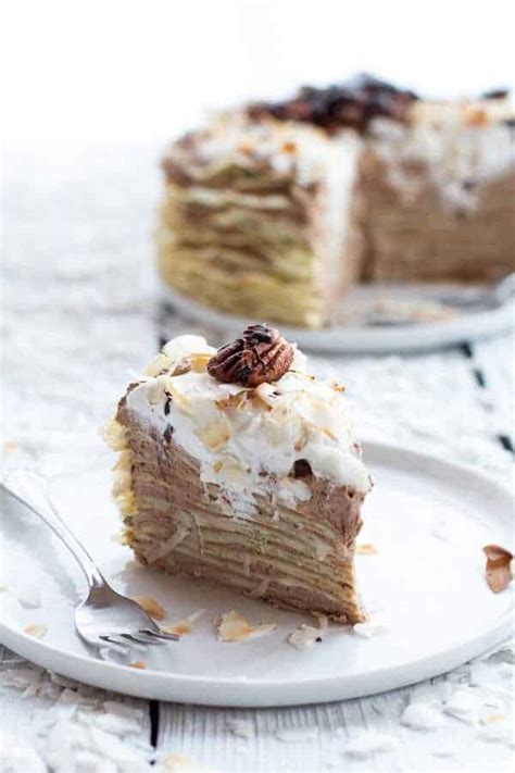 This delicate cake is the perfect dessert to serve at spring parties. Toasted Coconut Cream Rum and Chocolate Mousse Crepe Cake ...