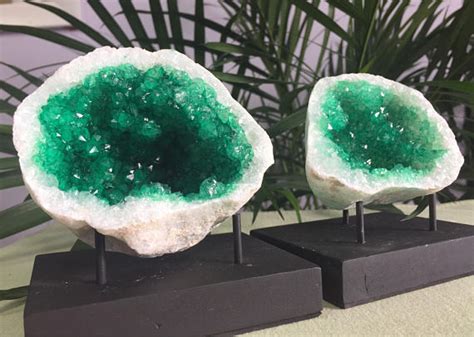 4″ 5″ Large Green Geode Pair With Stands Orchids And Ivory