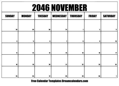 November 2046 Calendar Free Blank Printable With Holidays