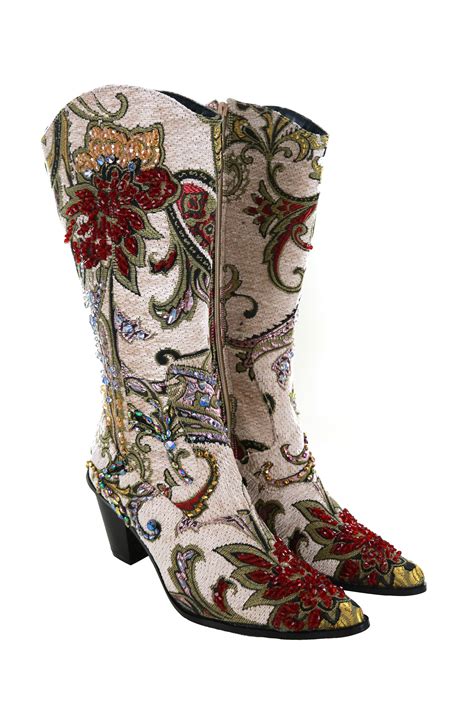 Helens Heart Tapestry Couture Zippered Tall Boots With Hand Sewn
