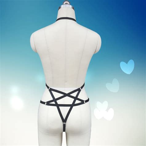 black elastic exotic bra bondage cage bra harajuku pentagram thongs prom evening dress