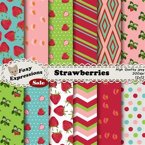 Strawberries Digital Paper Pack Comes In Pink Green And Etsy