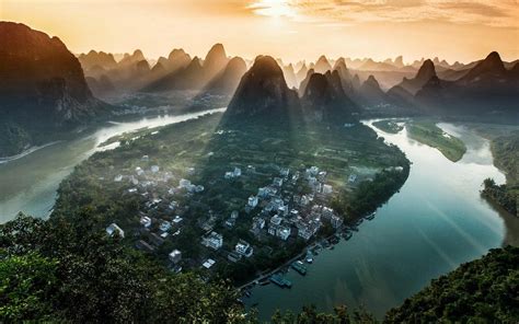 Nature Landscape River Sun Rays Mountain Mist China Village