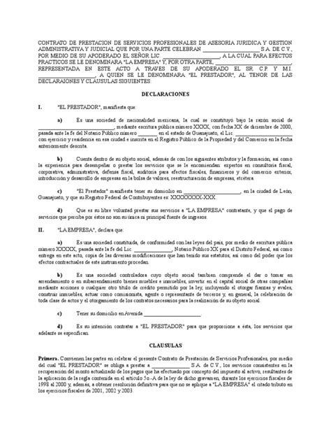 Contrato De Prestacion De Servicios Profesionales De Asesoria Juridica