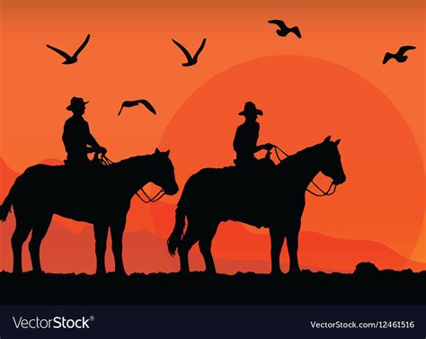 Cowboys Silhouette At Sunset Royalty Free Vector Image
