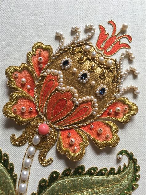 Ornate Flower Detail Silk Long And Short Stitch Goldwork Stumpwork