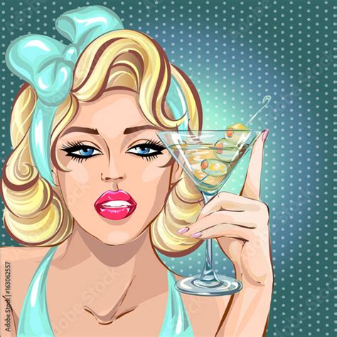 Pin Up Sexy Blonde Woman Drinking Martini Pop Art Girl Portrait