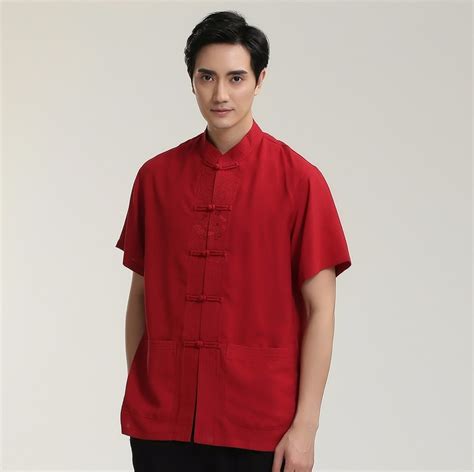 Red Chinese Classic Men Casual Short Sleeve Shirt Cotton Linen Kung Fu