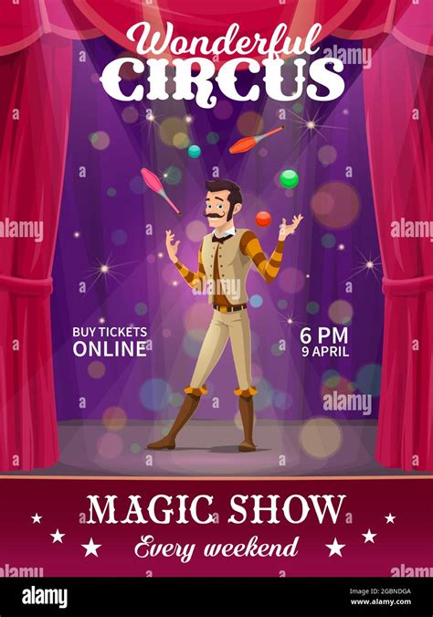 Cartoon Juggler Character Shapito Circus Vector Poster Funfair Carnival Show Circus Performer