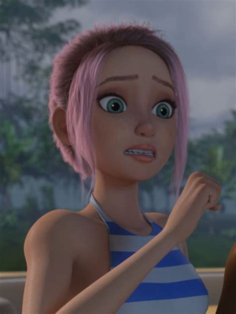 An Animated Woman With Pink Hair And Blue Eyes