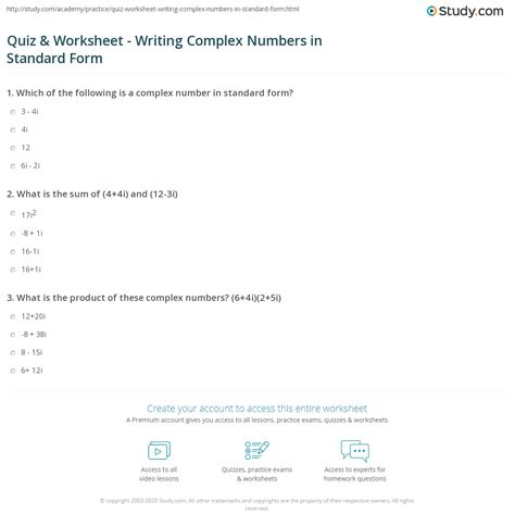 Complex Numbers Standard Form Worksheet