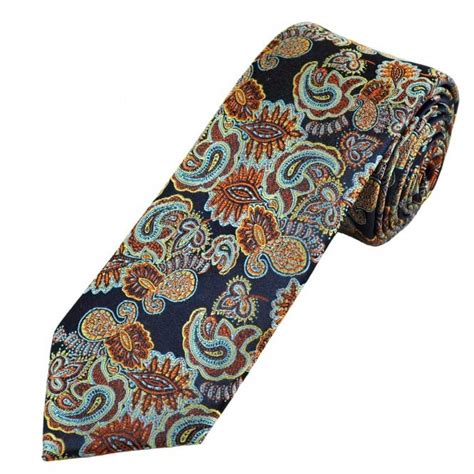 Navy Blue Orange Yellow And Light Blue Paisley Patterned Mens Silk Tie