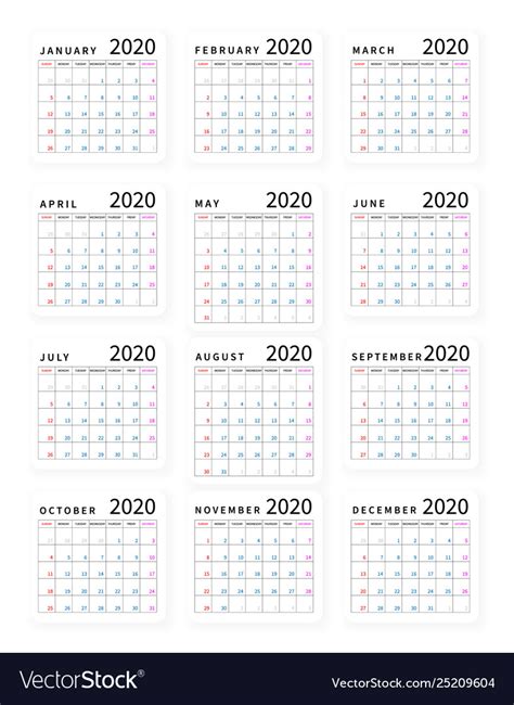 Mockup Simple Calendar Layout For 2020 Year Week Vector Image