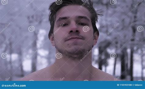 Young Pumped Naked Wet Male Model At Forest On Winter Day Stock Footage