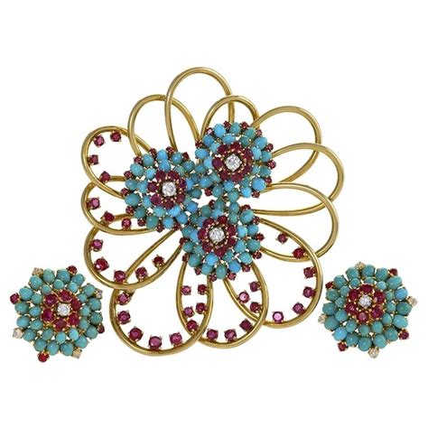 john rubel co turquoise ruby and diamond flower brooch for sale at 1stdibs