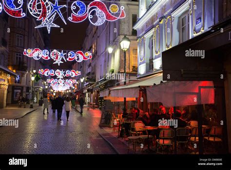 Christmas Lights At Night On Rue Montorgueil In Paris France Stock