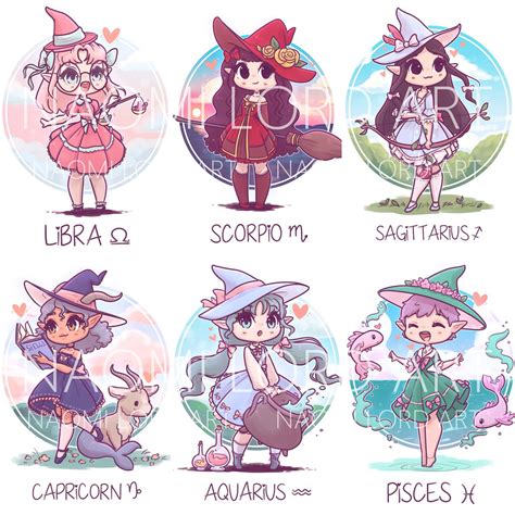 Kawaii Zodiac Witches Stickers Andor Prints 6x8 Or 8x10 Anime