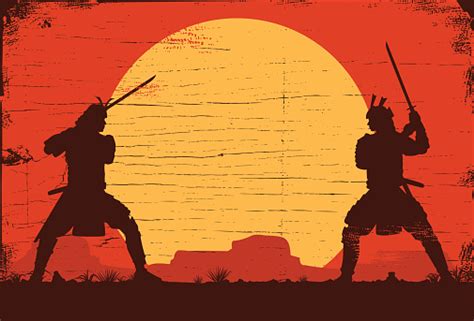 Silhouette Of Two Japanese Samurai Sword Fighting Vector Illustration