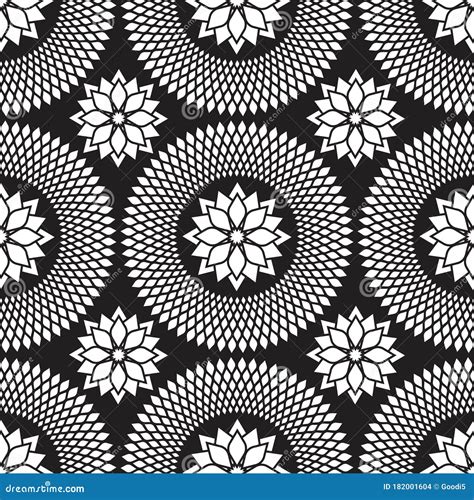 Seamless Geometric Flower Design Pattern In Black And White Stock