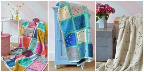 crocheted afghans and blankets are displayed in three different photos including one with pink