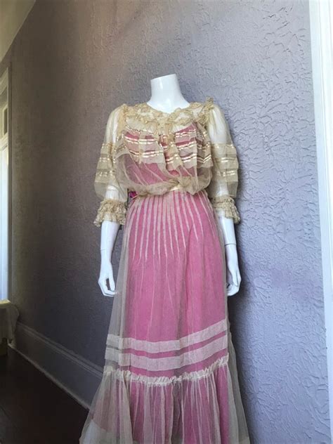 Edwardian Antique Ecru Lace Sheer Net Silk Ribbon Blo Gem