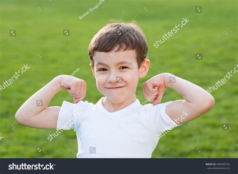 Health Boy Shows Muscles Strength Summer Stock Photo 406349764