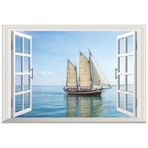 Wall Decorations Sea View 3d Fake Window Art Stickers Sailing Ship