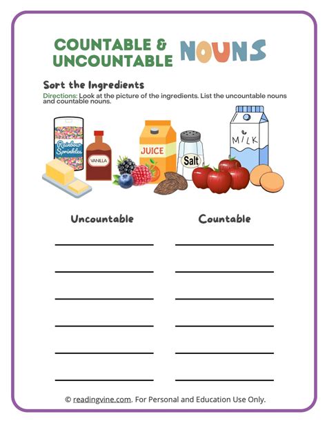 Count And Uncountable Nouns Worksheet Worksheets For Kindergarten